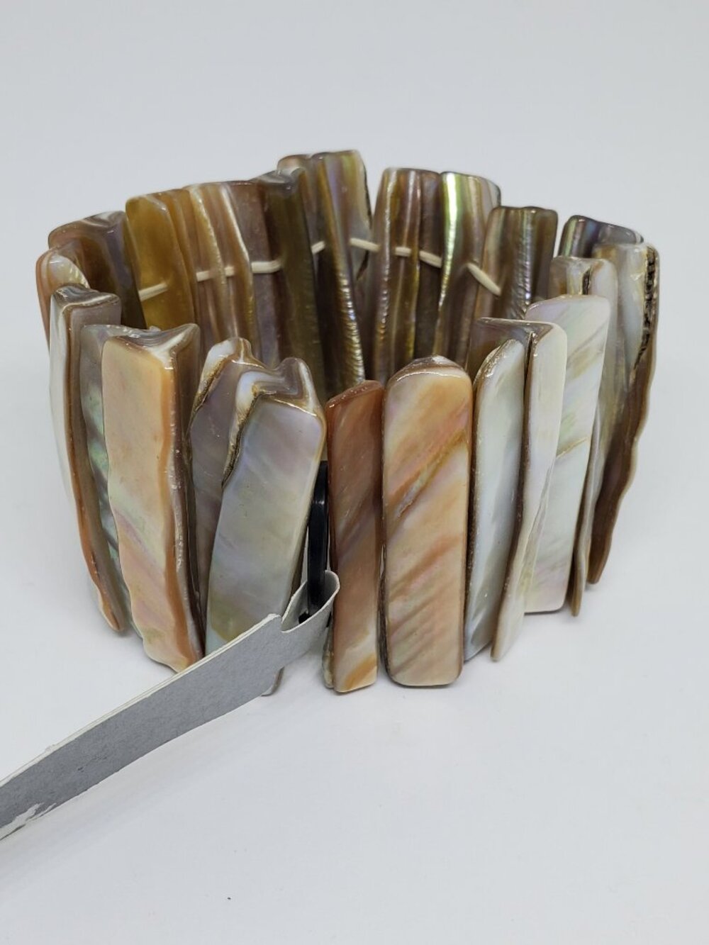 2010 NWT Abalone Mother of Pearl Pink Brown White Wide Cuff Stretch Bracelet